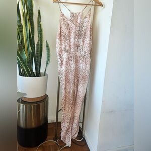 CUTE Pink and Brown Patterned Jumpsuit size m, washable satin, elastic waist